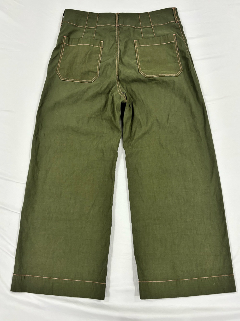 Anthropologie Maeve The Colette Crop Wide-Leg Pants Contrast Stitch Olive 32 - Picture 4 of 11
